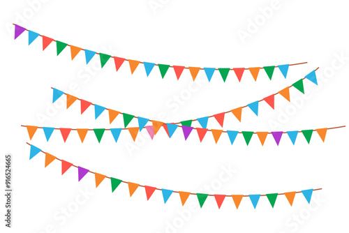 Hanging garlands for funfair. Carnival party flags border for children. Vector flat illustration isolated on white background