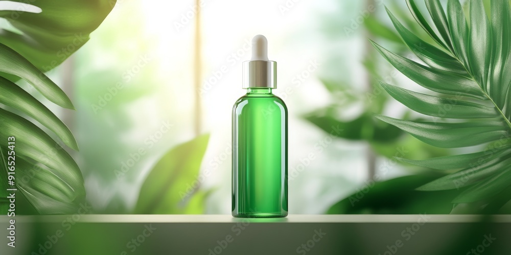 Green Glass Bottle with Eyedropper Surrounded by Lush Leaves and Plants Green Glass Bottle with Eyedropper Surrounded by Lush Leaves and Plants