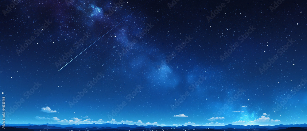 Naklejka premium A beautiful night sky with a bright star and a trail of light. The sky is filled with stars and the atmosphere is calm and peaceful