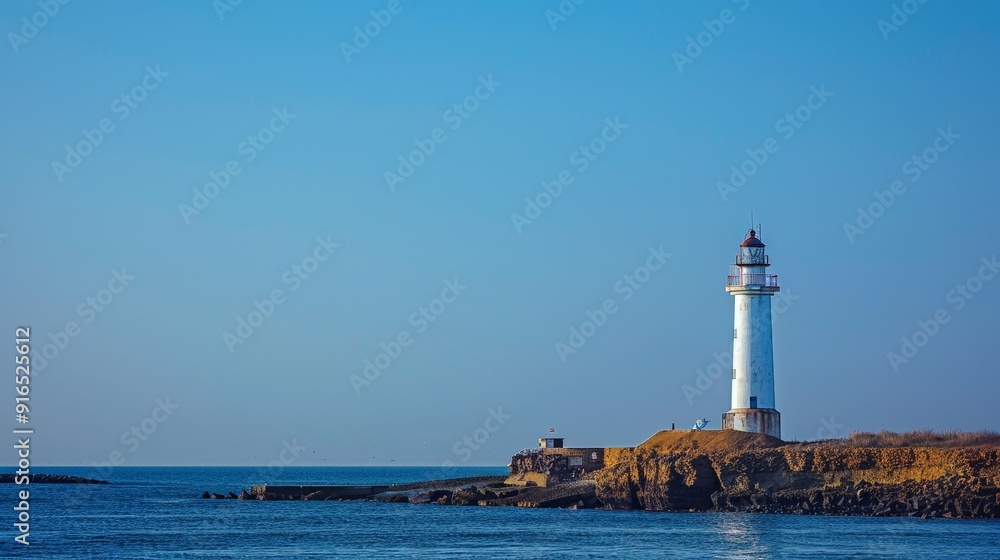 A famous lighthouse, an iconic structure guiding ships safely into the harbor. A famous lighthouse, an iconic structure guiding ships safely into the harbor.