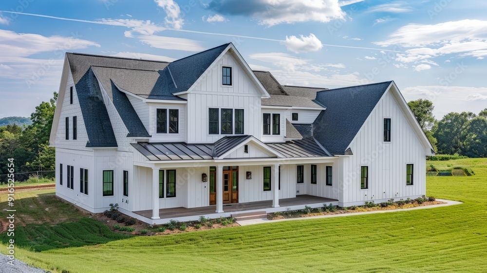 A farmhouse-style home being built, blending traditional elements with modern conveniences to create a charming and functional living space. A farmhouse-style home being built, blending traditional elements with modern conveniences to create a charming and functional living space.