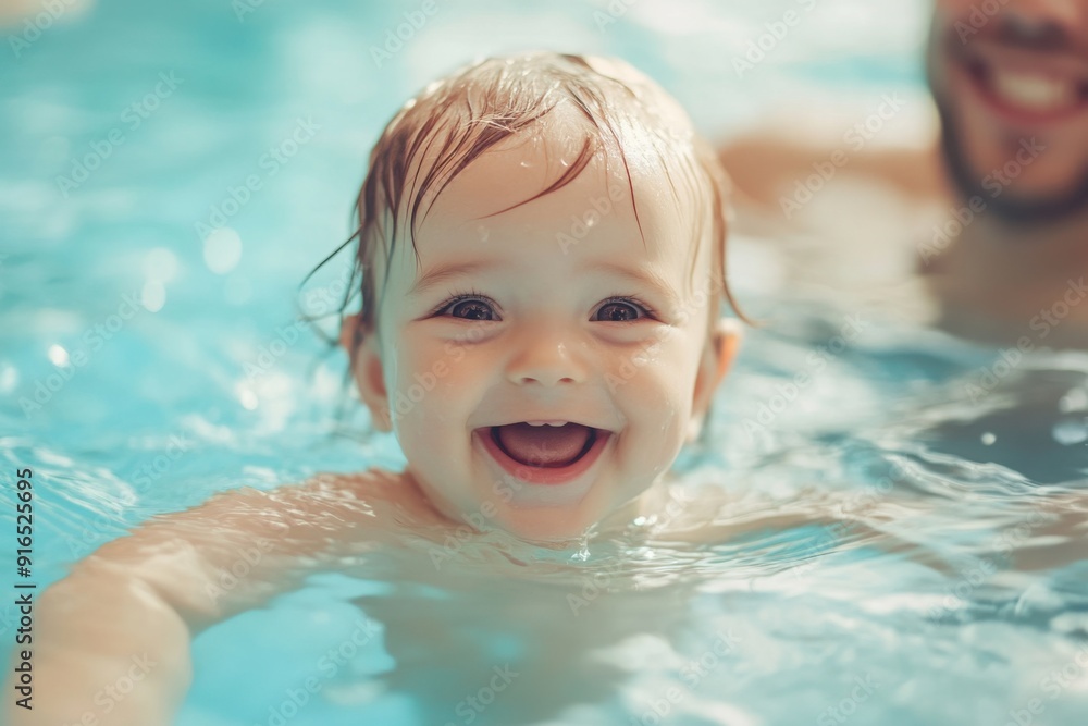 Happy Baby Swimming and Laughing in Pool Happy Baby Swimming and Laughing in Pool