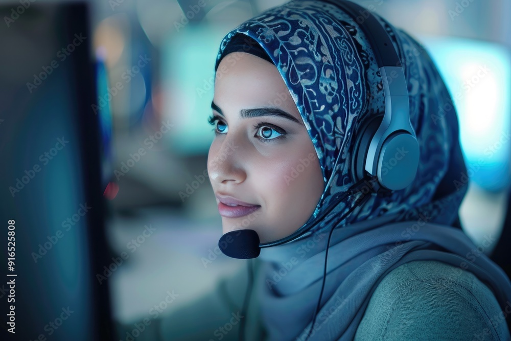 A hijab wearing business young Muslim with a headset smiling during a video call A hijab wearing business young Muslim with a headset smiling during a video call