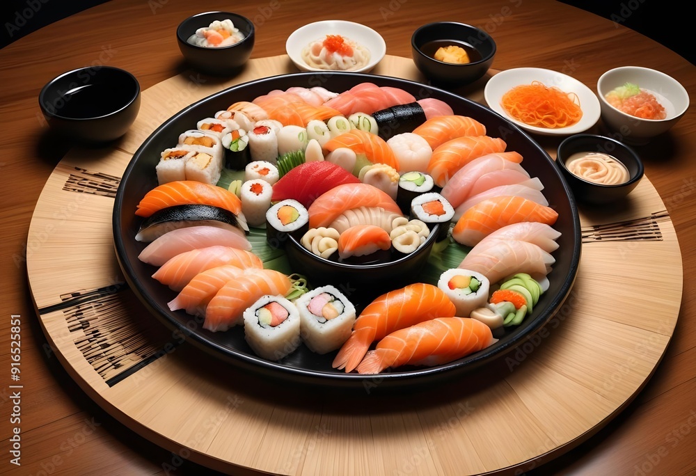 Sushi rolls are on a tray with other sushi Sushi rolls are on a tray with other sushi