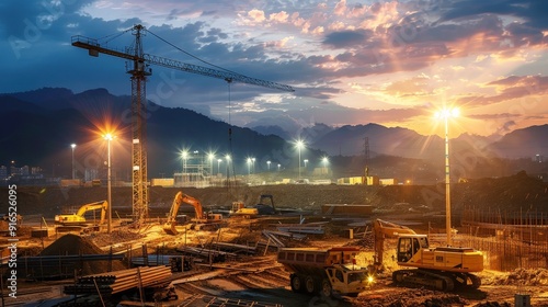 A construction site at dusk, with floodlights illuminating the ongoing work and machinery.