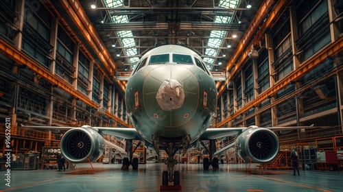 Wallpaper Mural Aircraft in Final Assembly at Factory Hangar. Partially assembled aircraft sits in a large factory hangar, highlighting the final stages of assembly in aerospace manufacturing. Torontodigital.ca