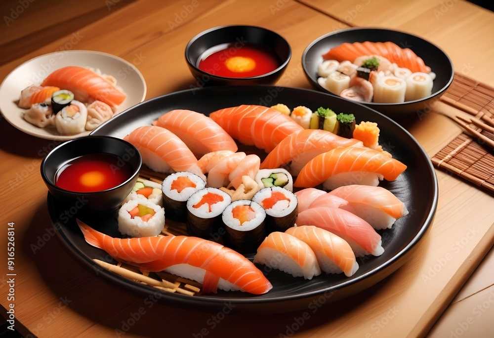 Sushi rolls are on a tray with other sushi Sushi rolls are on a tray with other sushi