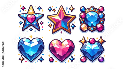 star and heart jewels sticker set isolated on white background. Generative AI