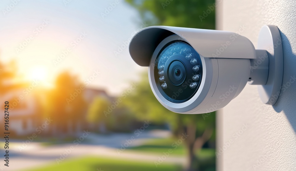 Home Security Camera on Outdoor Wall with Sunlight and Well-Kept Garden Home Security Camera on Outdoor Wall with Sunlight and Well-Kept Garden