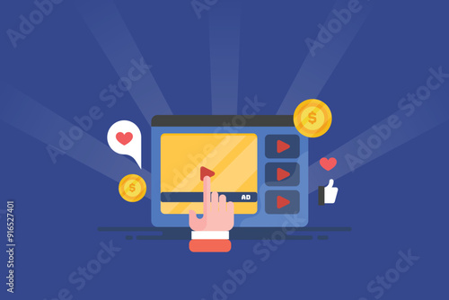 Engaging audience with video content marketing strategy, user hand press play video button on social media platform, conceptual vector illustration.