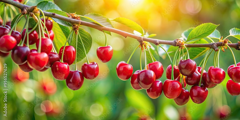 Branch of ripe cherries hanging on a tree in a vibrant garden setting, Cherries, Ripe, Fruit, Branch, Tree, Garden, Fresh Branch of ripe cherries hanging on a tree in a vibrant garden setting, Cherries, Ripe, Fruit, Branch, Tree, Garden, Fresh