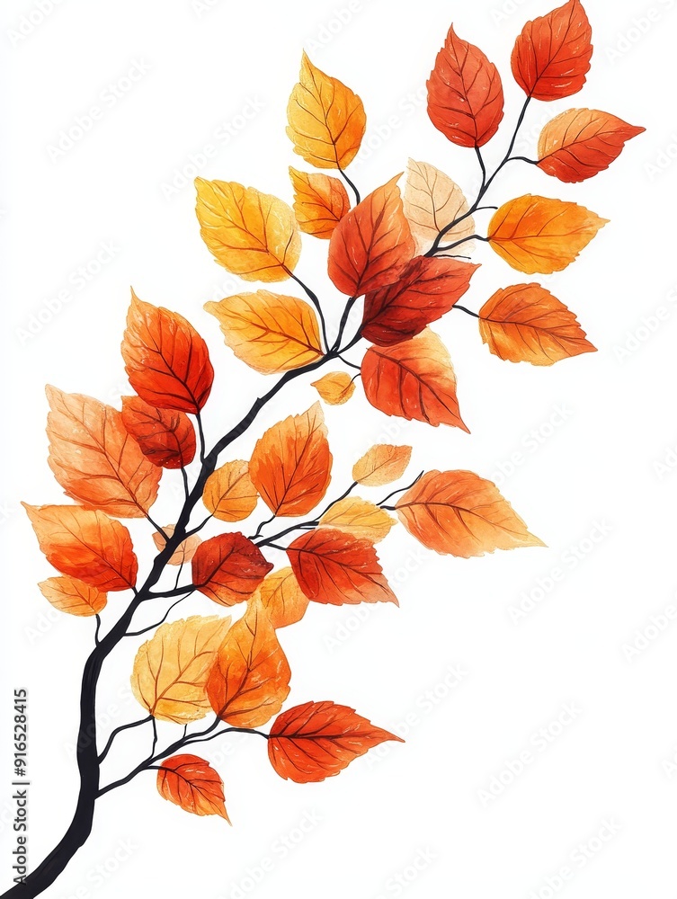 Fototapeta premium Autumnal Watercolor Branch with Orange and Red Leaves