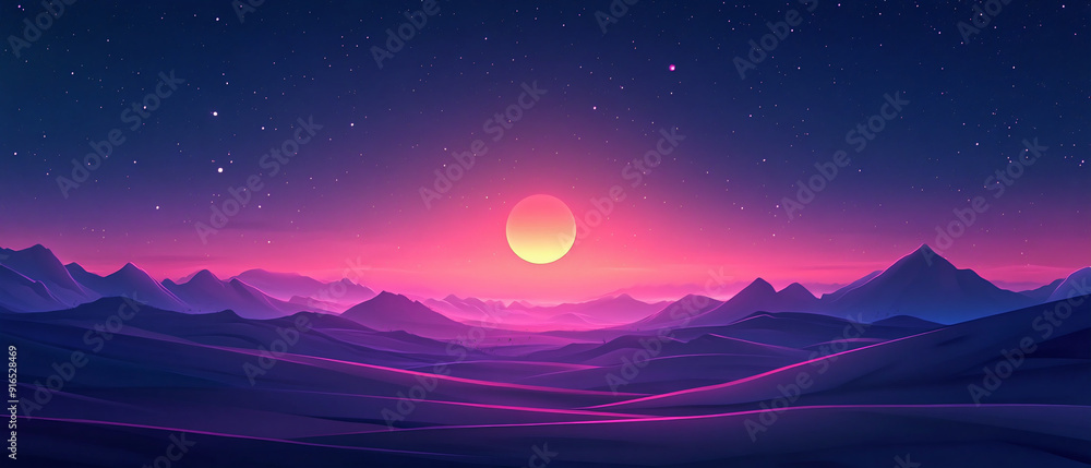 Evening forest landscape, with view of dark forest, mountains and pink sunset, anime style image, night landscape with space for text, for backgrounds and banners of different themes.