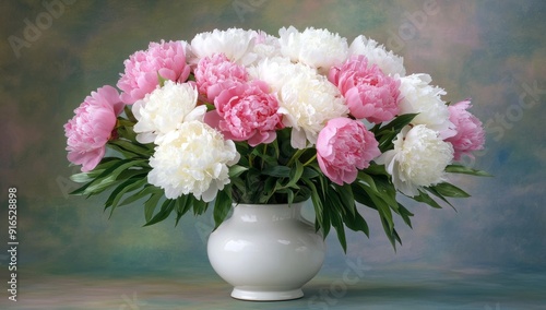 Wallpaper Mural Large Bouquet of White and Pink Peonies in Elegant Vase with Scattered Leaves Torontodigital.ca