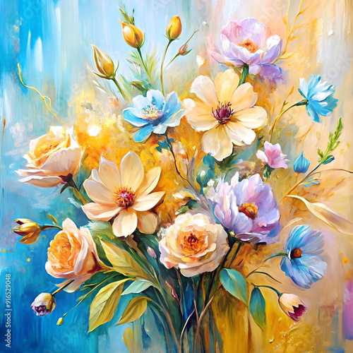 Fototapeta Naklejka Na Ścianę i Meble -  Oil painting flowers bouquet on canvas art. 