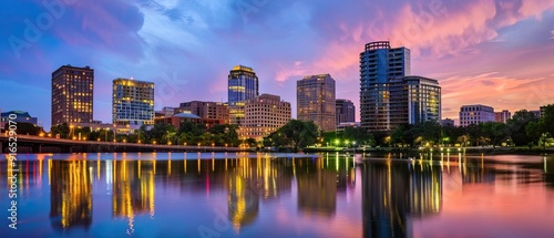 Orlando Florida Skyline at Sunset Reflected in Lake Eola Colorful Sky Urban Cityscape Downtown Buildings Modern Architecture Water Reflection