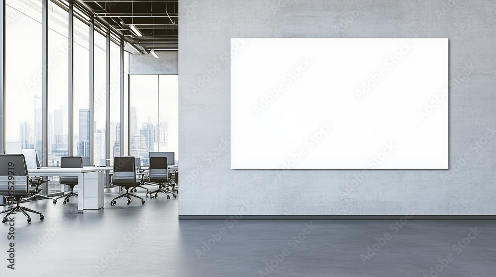 Minimalist modern office interior with a square blank poster mockup on a concrete wall, featuring panoramic windows that allow natural light to flood the space. The clean and professional design empha Minimalist modern office interior with a square blank poster mockup on a concrete wall, featuring panoramic windows that allow natural light to flood the space. The clean and professional design empha