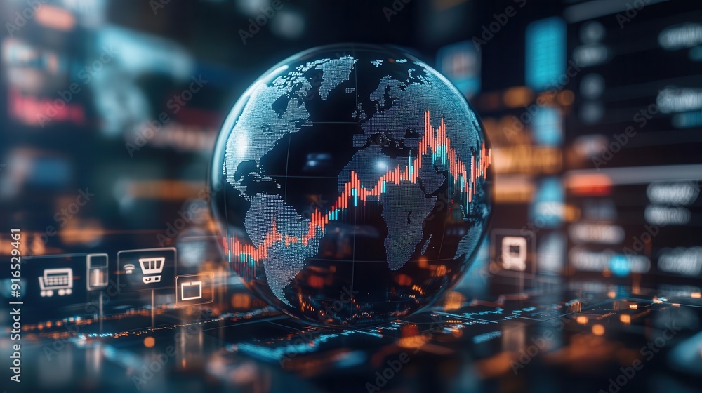 Fototapeta premium Globe surrounded by ecommerce icons with a rising stock chart overlay, symbolizing global market growth, photo realistic
