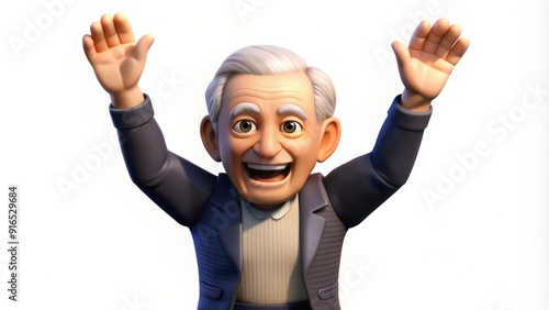 A 3D Render of an Elderly Man with Arms Raised in Exuberance