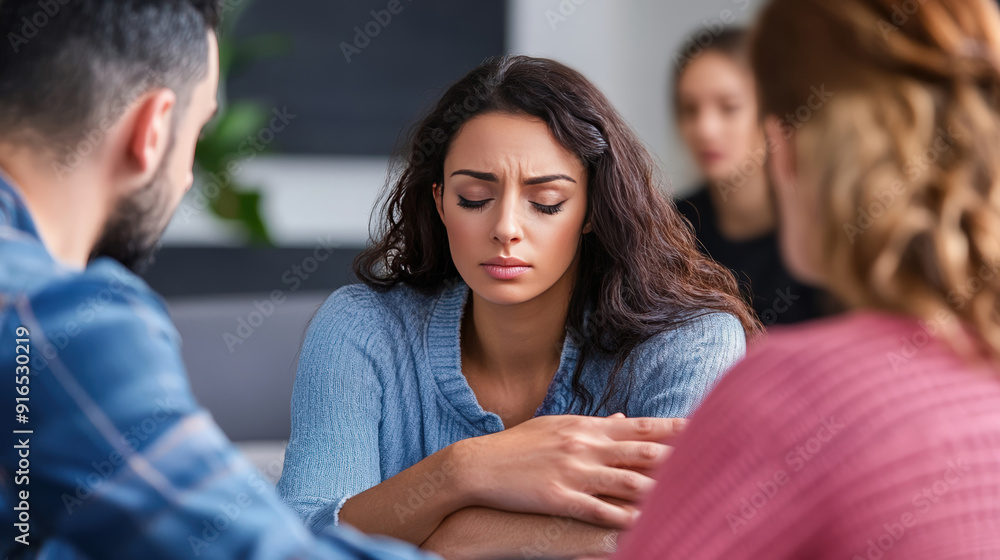 Concerned Woman Sitting in Group Therapy Session, Deep in Thought Concerned Woman Sitting in Group Therapy Session, Deep in Thought