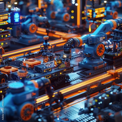 A vibrant industrial scene showcasing advanced automated robots and machinery on a production line. photo