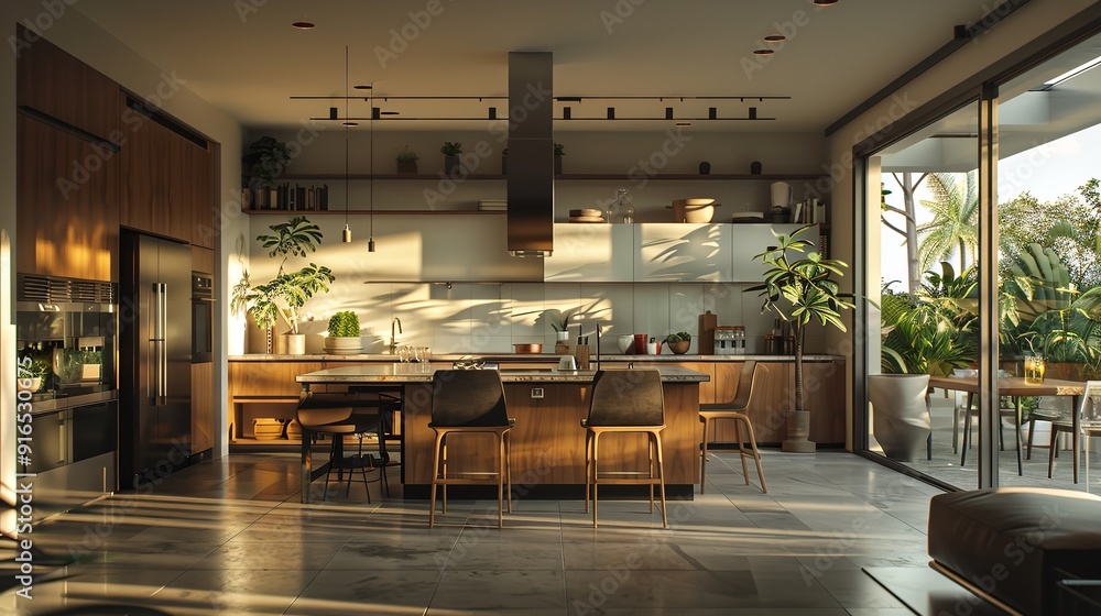 A spacious, well-lit kitchen with wooden floors and cabinets. It features a center island with stools, a sink, a stove, and an oven A spacious, well-lit kitchen with wooden floors and cabinets. It features a center island with stools, a sink, a stove, and an oven