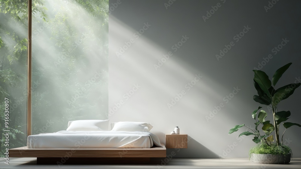 Surreal bedroom with monochrome forest wallpaper coming to life. Surreal bedroom with monochrome forest wallpaper coming to life.