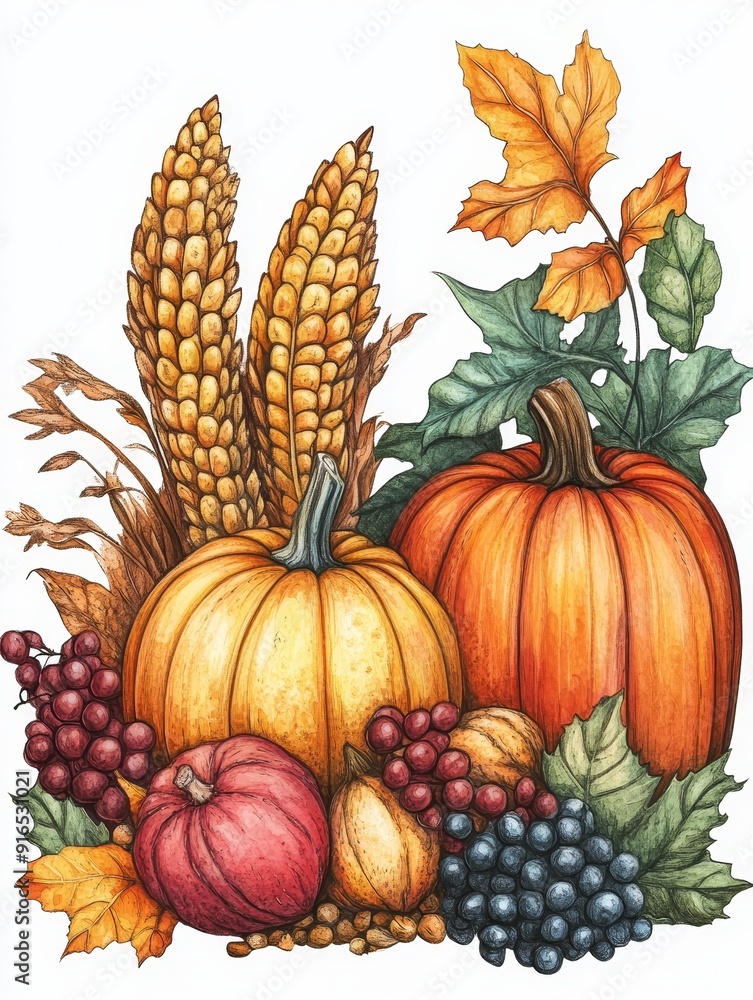Autumn Harvest Still Life with Pumpkins, Grapes, and Corn Autumn Harvest Still Life with Pumpkins, Grapes, and Corn