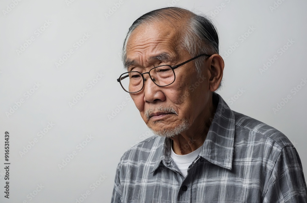 asian grandpa sadness, white solid background asian grandpa sadness, white solid background