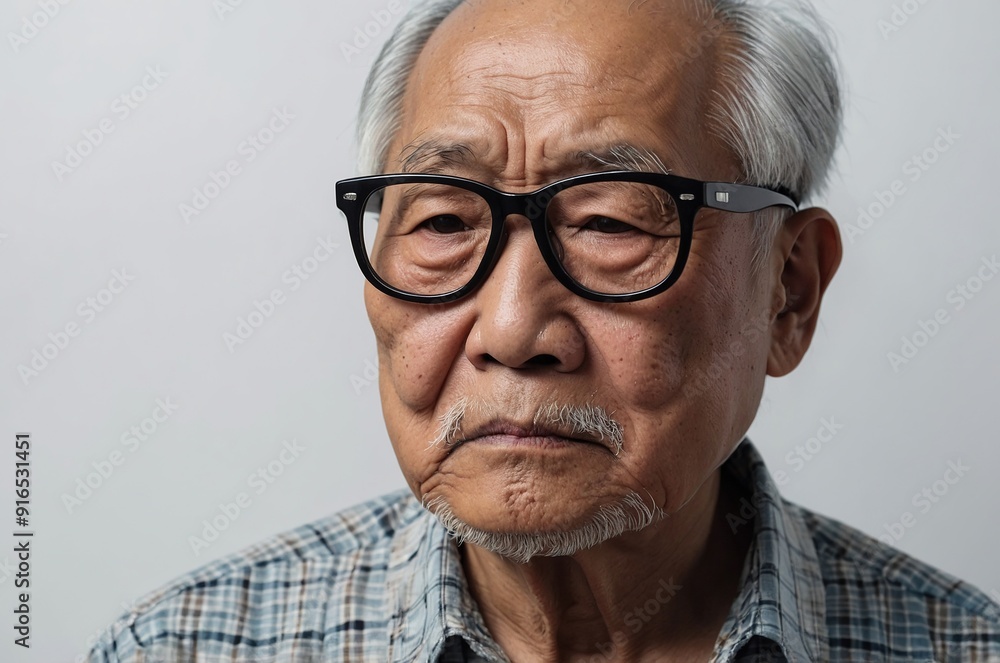 asian grandpa sadness, white solid background asian grandpa sadness, white solid background