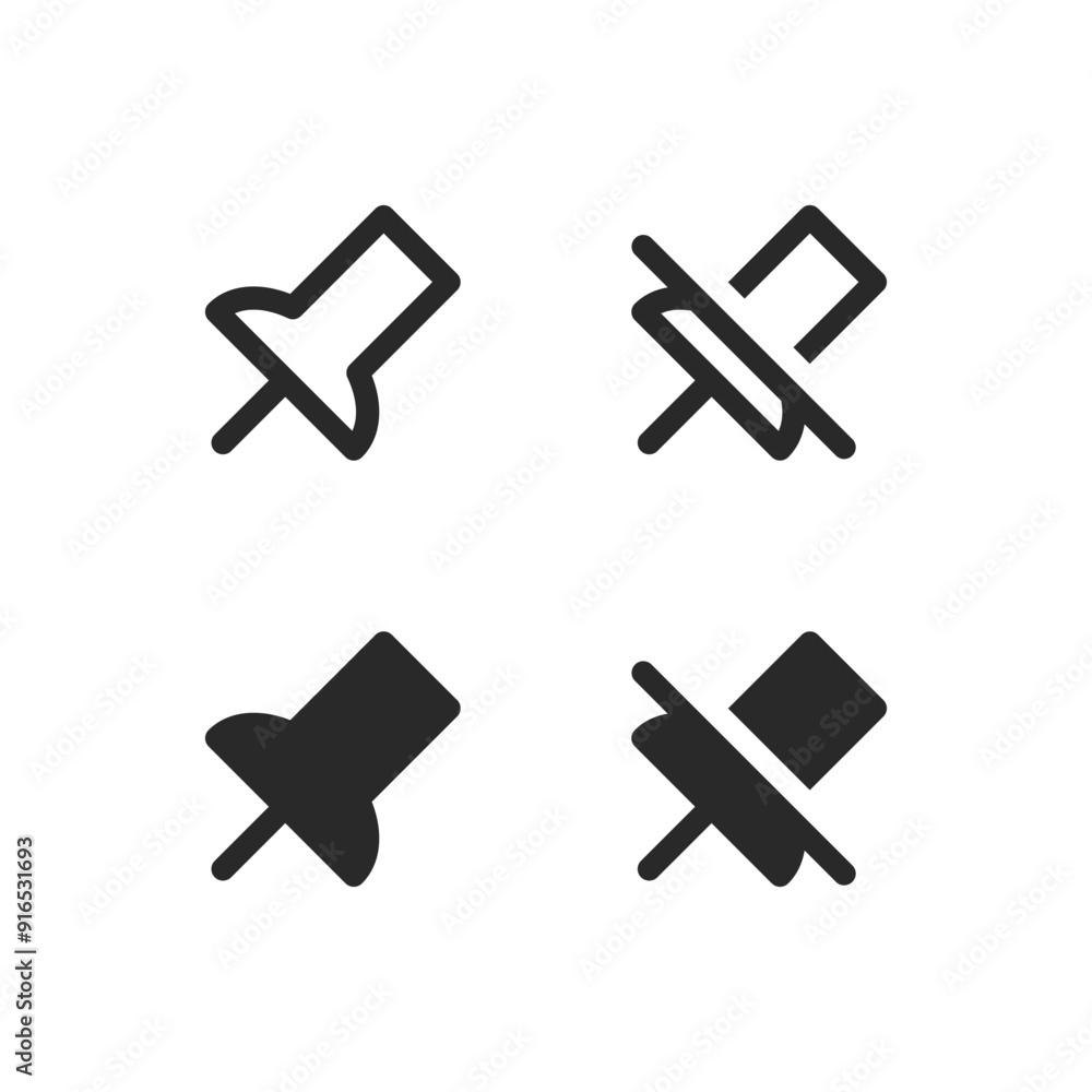 Pin and unpin black buttons in both filled and outlined variations isolated. Vector icons in flat style Pin and unpin black buttons in both filled and outlined variations isolated. Vector icons in flat style