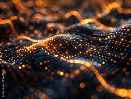 An abstract digital illustration featuring a wavy grid with glowing orange lights, creating a dynamic and futuristic aesthetic.