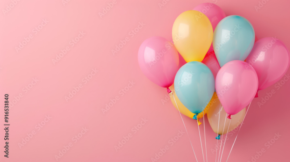 A group of colorful balloons tied together, floating against a pink background. A group of colorful balloons tied together, floating against a pink background.