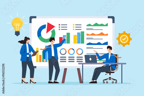 Flat illustration of team members evaluating issues and developing solutions on whiteboard