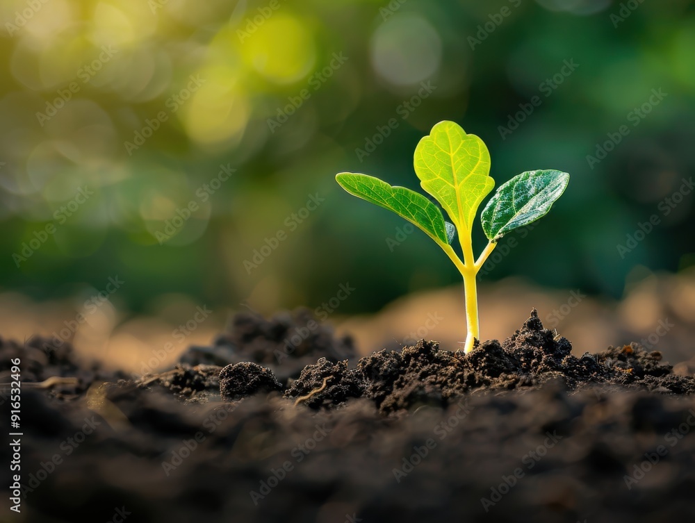 Fototapeta premium A young seedling with vibrant green leaves emerging from rich soil, bathed in warm sunlight, symbolizing growth, new beginnings, and nature's cycle.