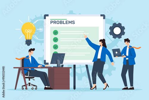 Flat illustration of coworkers identifying list of problems and brainstorming solutions on whiteboard