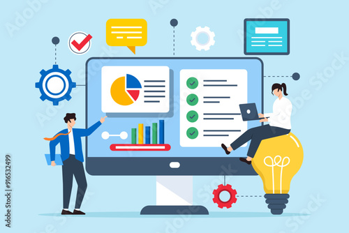 Flat illustration of business partners analyzing problems and finding effective solutions on digital screen