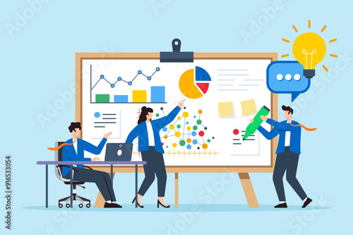 Flat illustration of team of experts brainstorming ideas with data charts on whiteboard