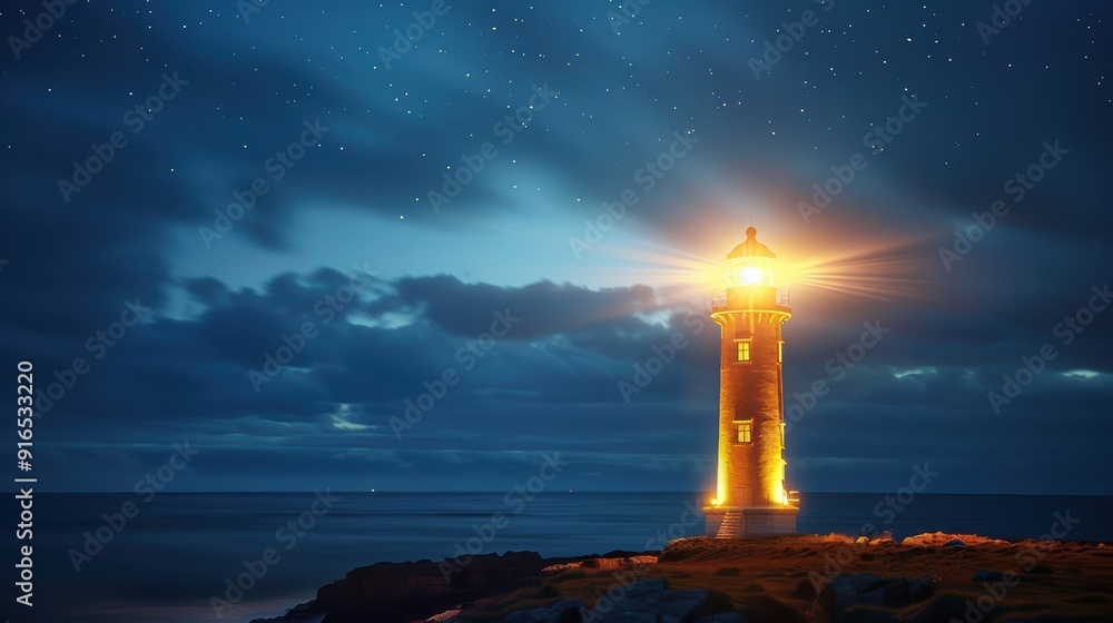 A lighthouse glows brightly against the backdrop of a star-filled night, directing ships safely along the calm ocean's rocky coastline. A lighthouse glows brightly against the backdrop of a star-filled night, directing ships safely along the calm ocean's rocky coastline.
