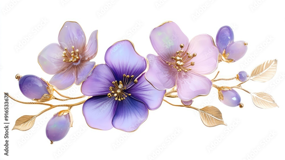 Obraz premium Beautiful light purple, lavender flowers brooch, opal stone and golden color palette isolated on white background. Ai generation