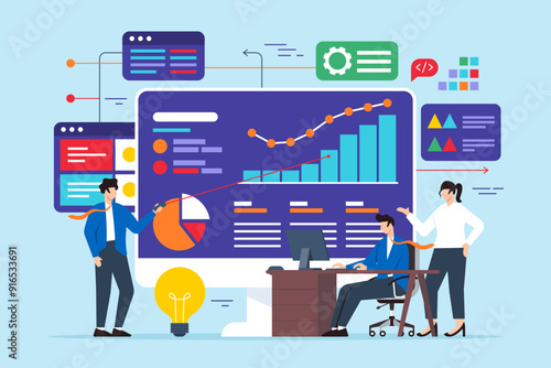 Flat illustration of team of analysts working together to solve technical problem on computer screen