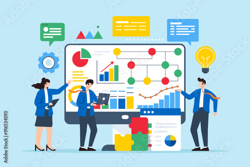 Flat illustration of team using technology to analyze and solve complex problems on computer screen