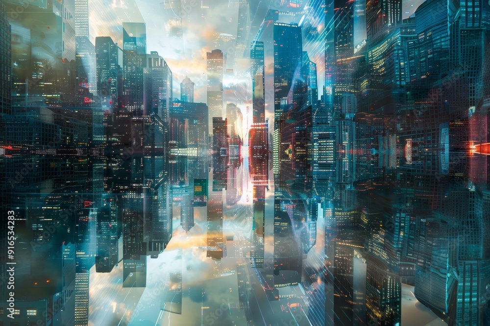 Obraz premium Multiverse cityscape bustling with activity as denizens from different dimensions converge