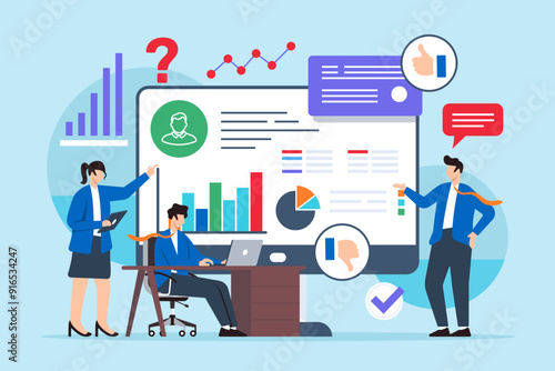 Flat illustration of team evaluating survey data to solve customer service issues on computer screen