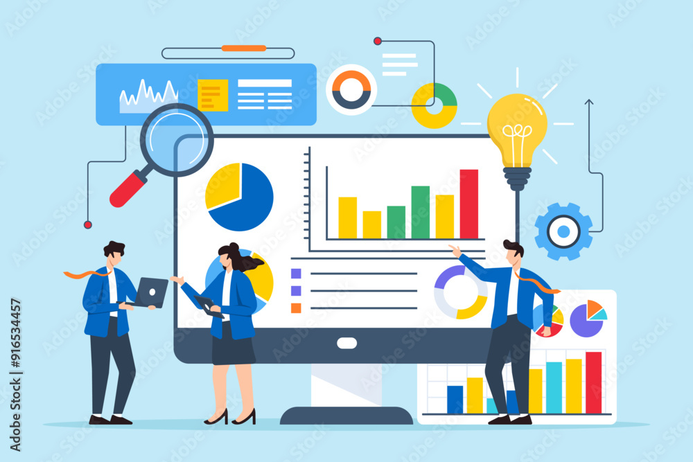 Flat illustration of professionals analyzing competitive data to find market solutions on computer screen Flat illustration of professionals analyzing competitive data to find market solutions on computer screen