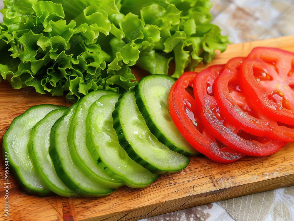 A close-up image of sliced cucumber, tomato, and lettuce on a wooden cutting board. A close-up image of sliced cucumber, tomato, and lettuce on a wooden cutting board.
