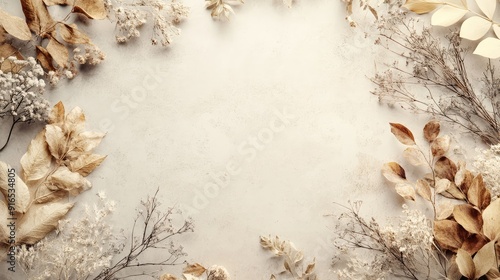 Bohemian minimalist background surrounded by natural dried leaves and plants, boho neutral colors, space. Ai generation