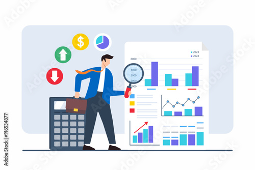 Flat illustration of businessman analyzing documents with numbers graphs and charts to uncover answers