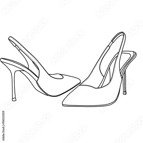 Women's Pointed Toe Slingback, High Stiletto Heels, Technical sketch hand drawing outline vector doodle illustration, side view isolated on white background