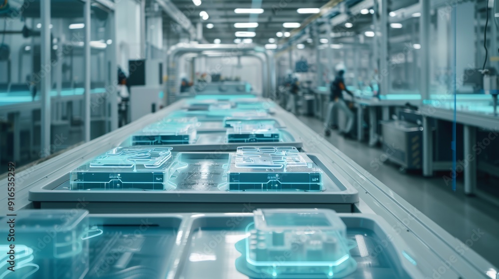 Obraz premium modern manufacturing shopfloor, holographic overlays symbolizing data flows